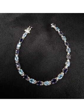 925 Sterling Silver Bracelet With Blue Topaz & Iolite Gemstones Elegant Clasp 7
